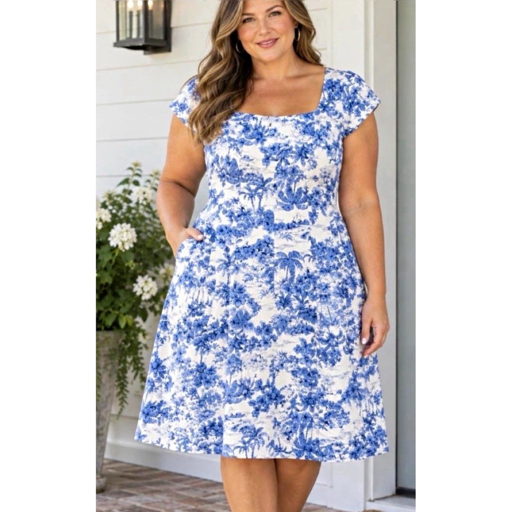 Joie Blue White Toile De Jouy Tropical Palm Tree Fit Flare Midi Dress Size 14
